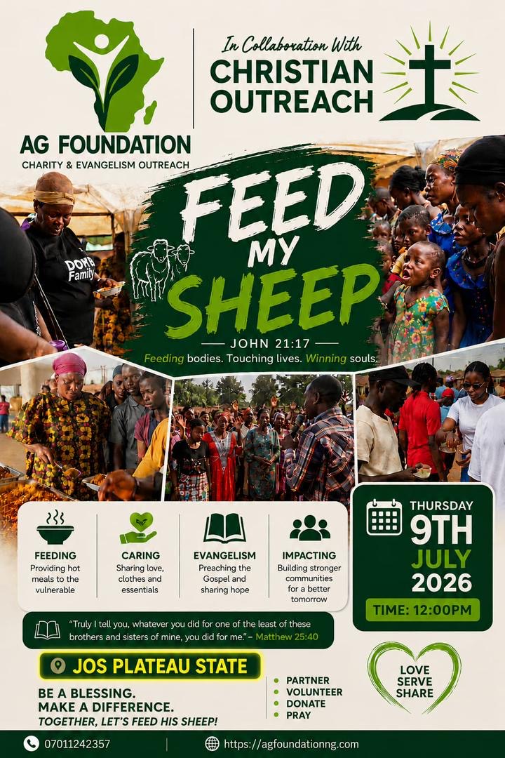 AG Foundation Outreach in Jos, Plateau State, is a humanitarian and faith-based initiative dedicated to demonstrating God’s love through charity, evangelism, and community service. The outreach provides support to vulnerable individuals and families by sharing food, offering prayers, preaching the Gospel, and inspiring hope while promoting compassion, unity, and positive community transformation.  
